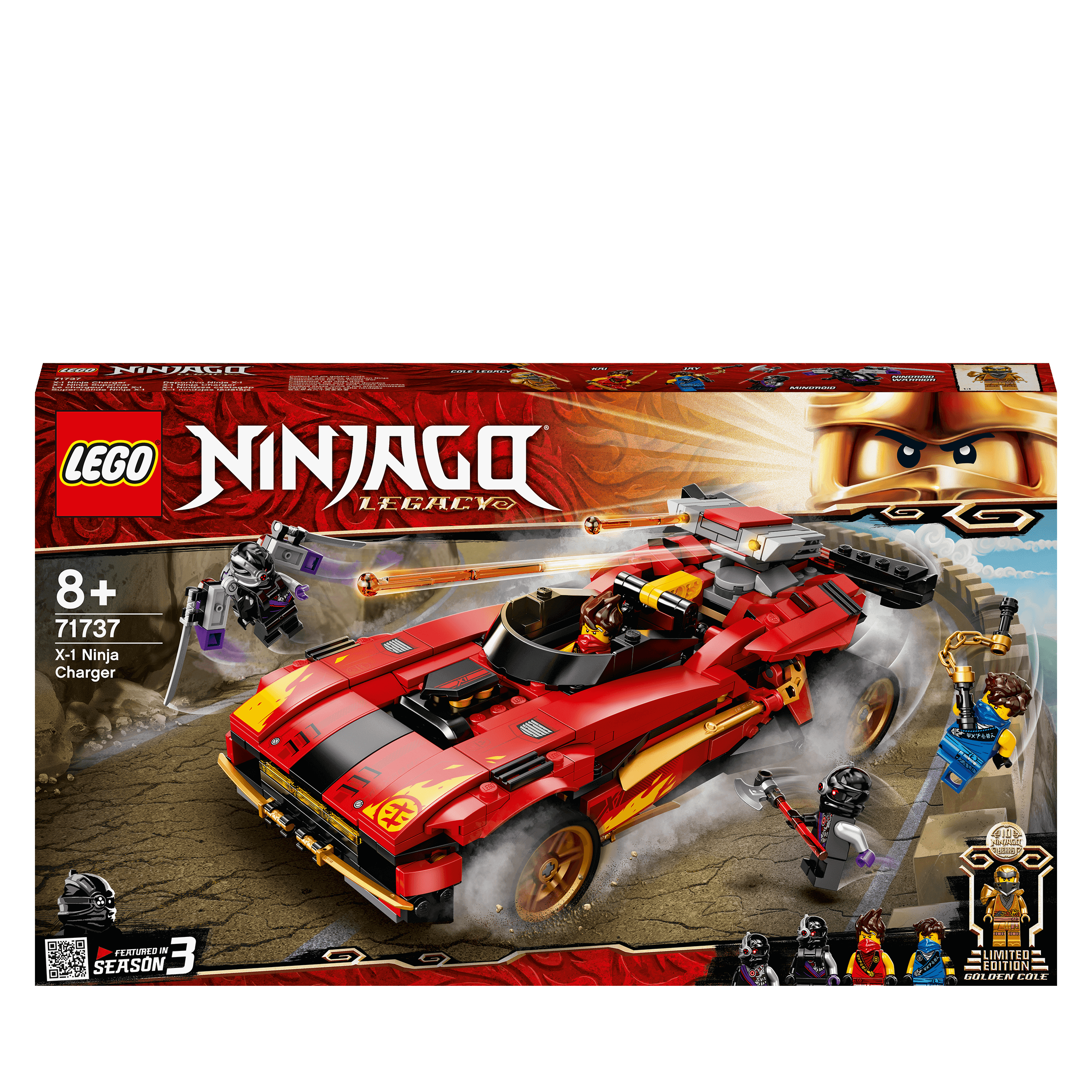 LEGO Ninjago Legacy X-1 Ninja Charger Set 71737, 2-in-1 ninja vehicle with toy car and motorbike for kids.