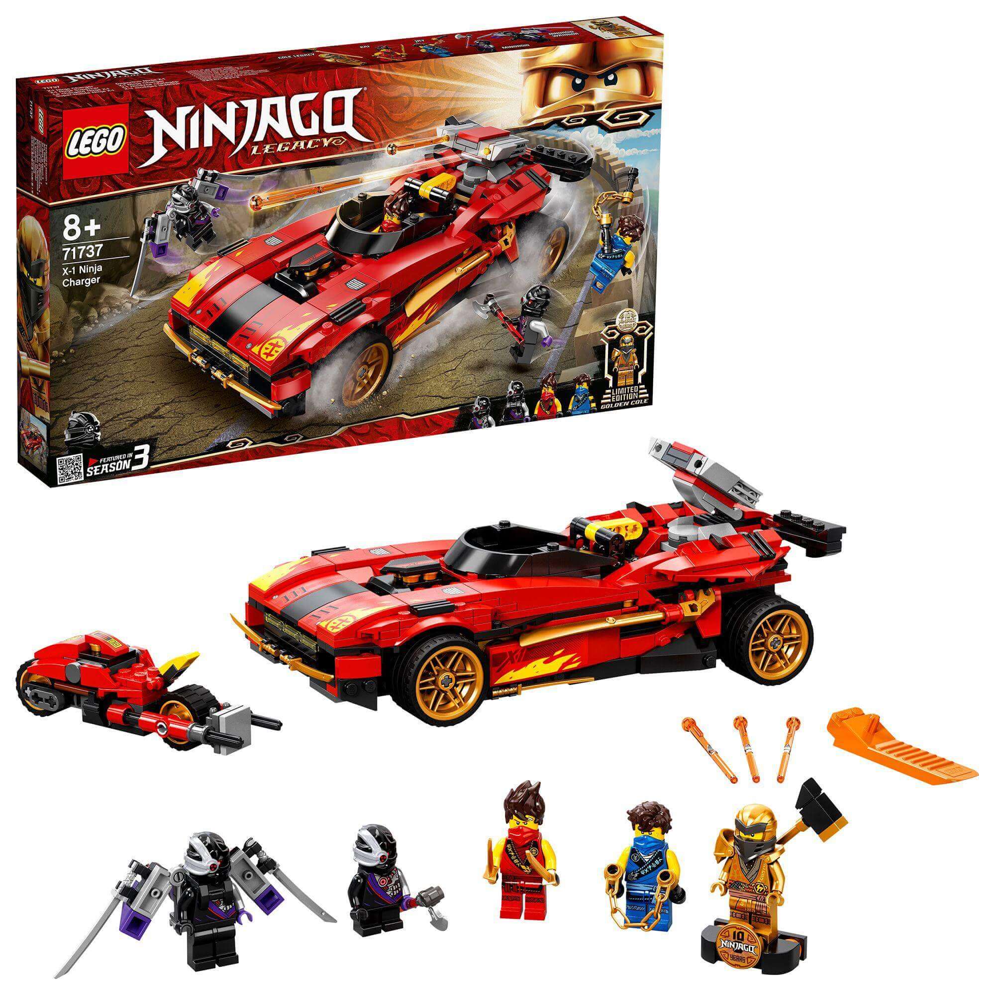 LEGO NINJAGO Legacy X-1 Ninja Charger Set 71737 with car, bike, and ninja minifigures for fun roleplay.