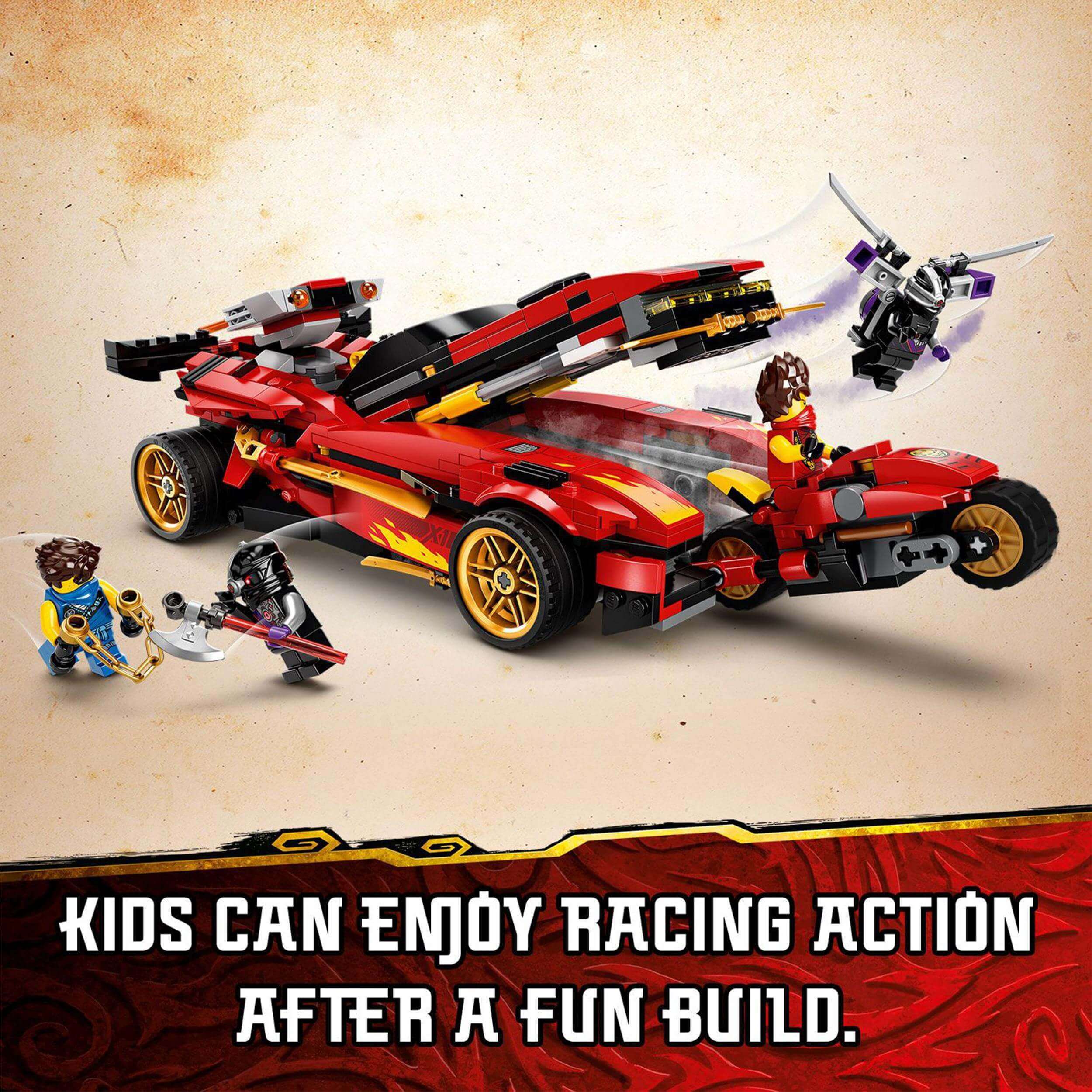 LEGO NINJAGO Legacy X-1 Ninja Charger 71737 set with toy car, motorbike, and mini-figures for kids' racing adventures.