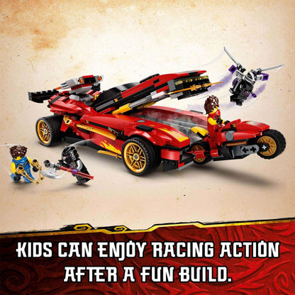 LEGO NINJAGO Legacy X-1 Ninja Charger 71737 set with toy car, motorbike, and mini-figures for kids' racing adventures.