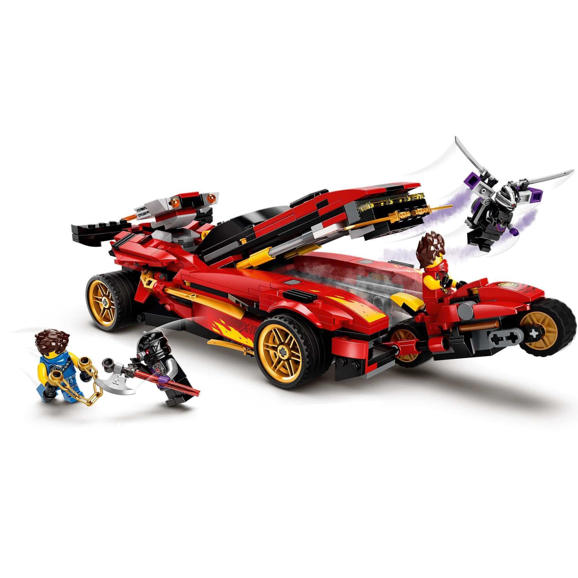 LEGO NINJAGO Legacy X-1 Ninja Charger Set 71737 with ninja minifigures in action, a red toy car and motorbike.