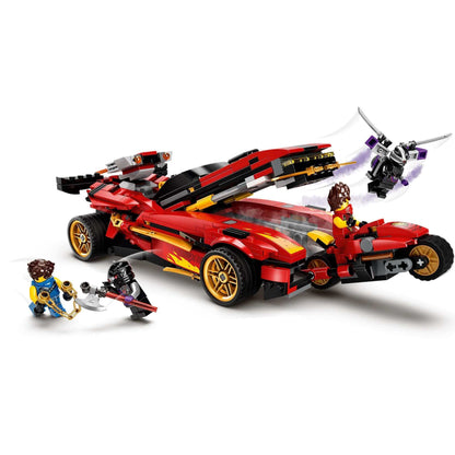 LEGO NINJAGO Legacy X-1 Ninja Charger Set 71737 with ninja minifigures in action, a red toy car and motorbike.