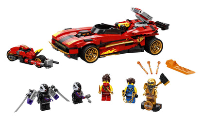 LEGO NINJAGO Legacy X-1 Ninja Charger Set 71737 with car, motorbike, and ninja minifigures for imaginative play.