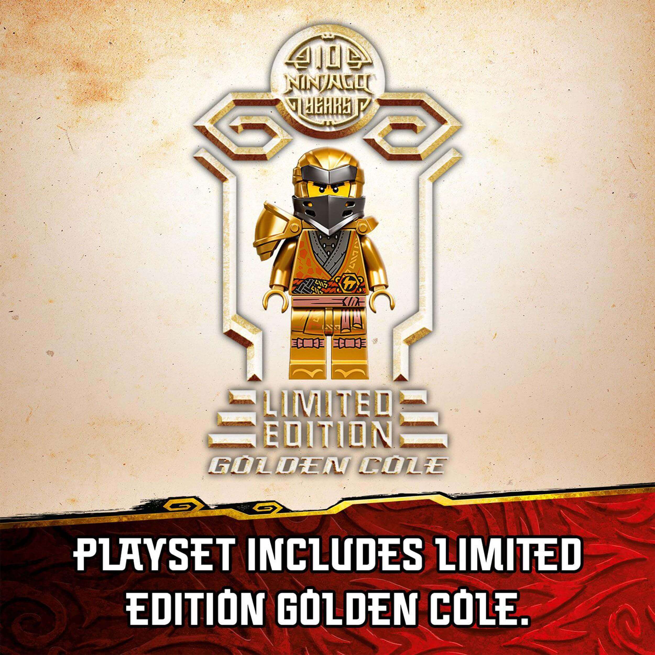 LEGO NINJAGO limited edition Golden Cole minifigure with collector's emblem and vibrant background.