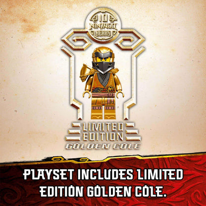 LEGO NINJAGO limited edition Golden Cole minifigure with collector's emblem and vibrant background.