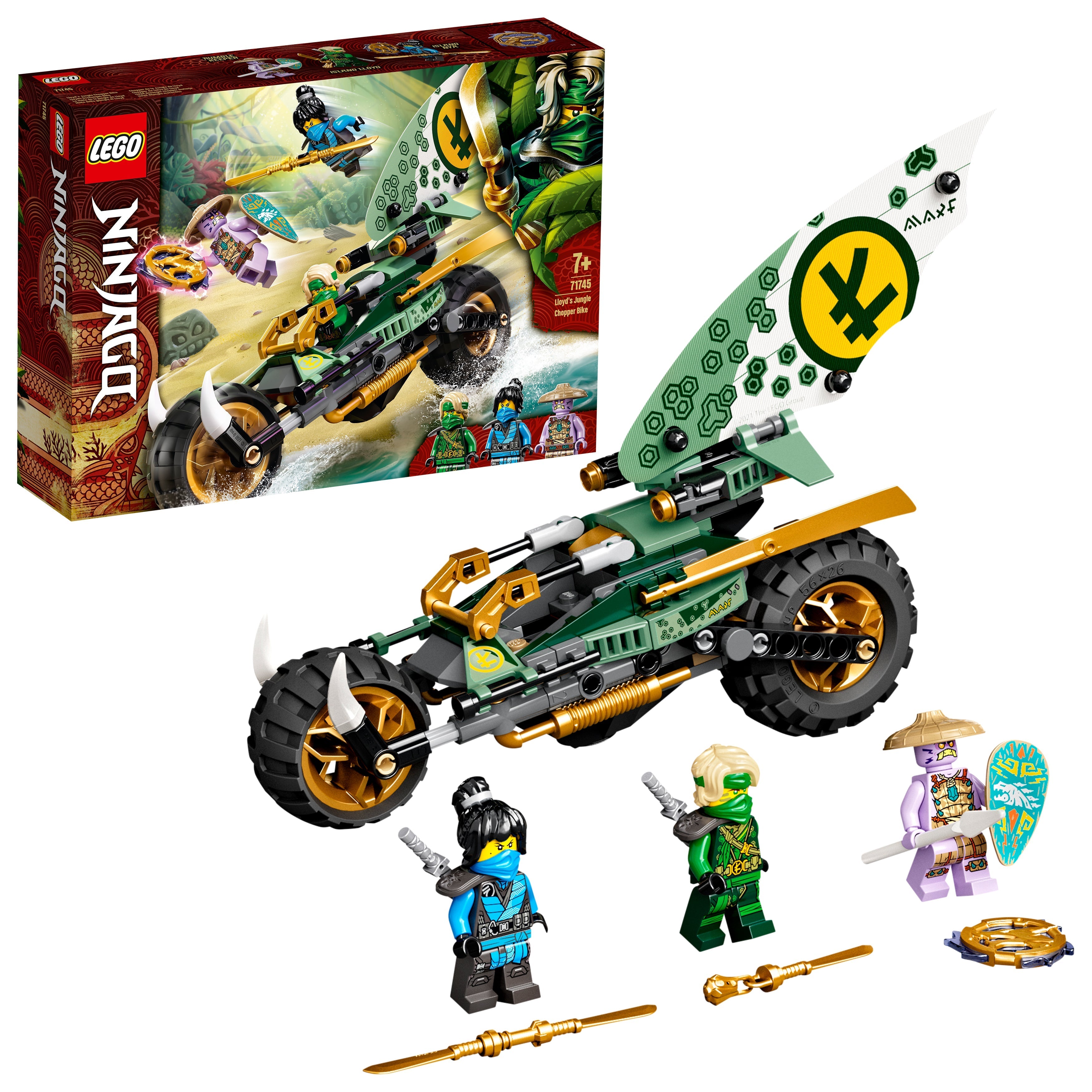 LEGO NINJAGO Lloyd’s Jungle Chopper Bike 71745 with ninja figures and surfboard for play and display.