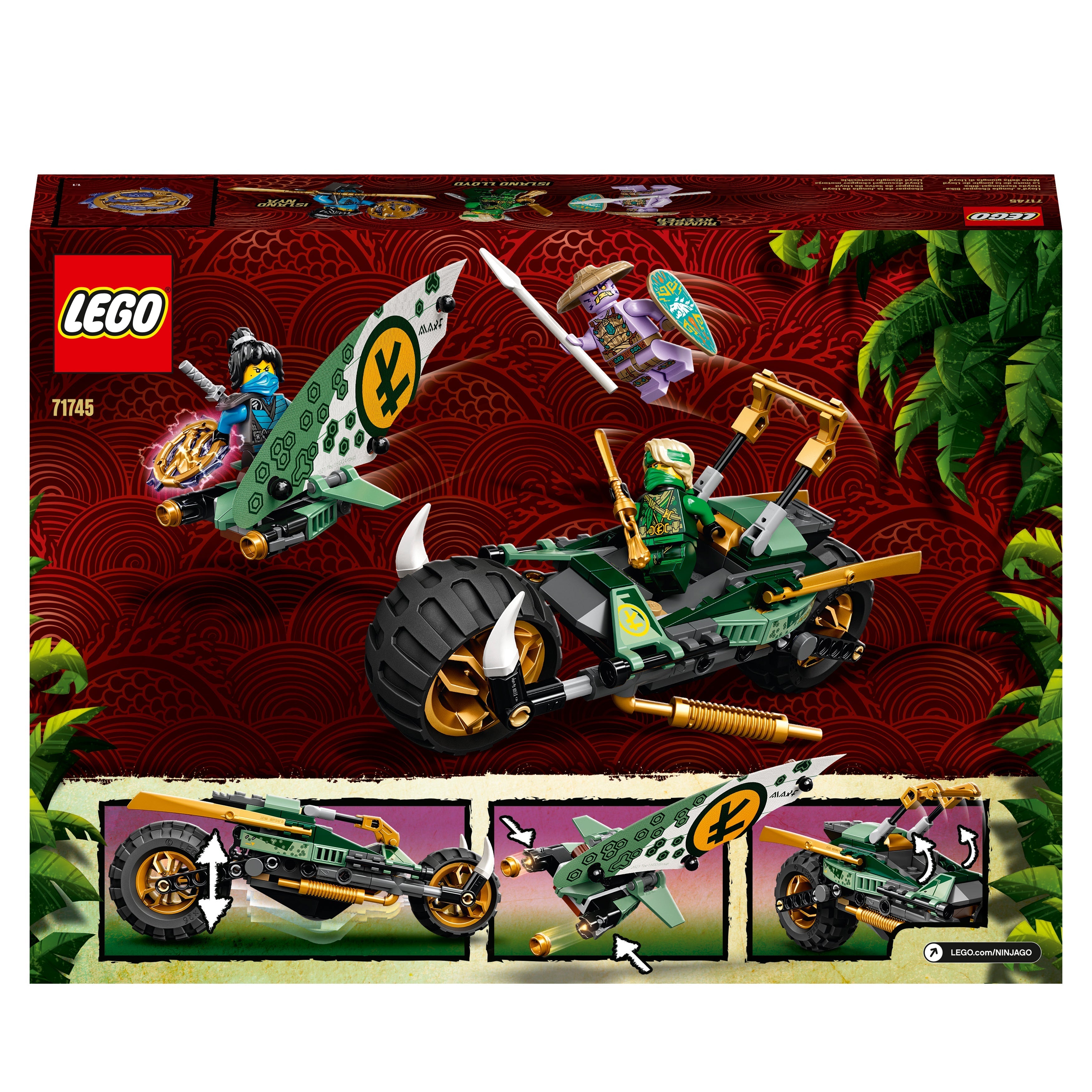 LEGO NINJAGO Lloyd’s Jungle Chopper Bike 71745 with ninja bike and surfboard toy for adventure play.