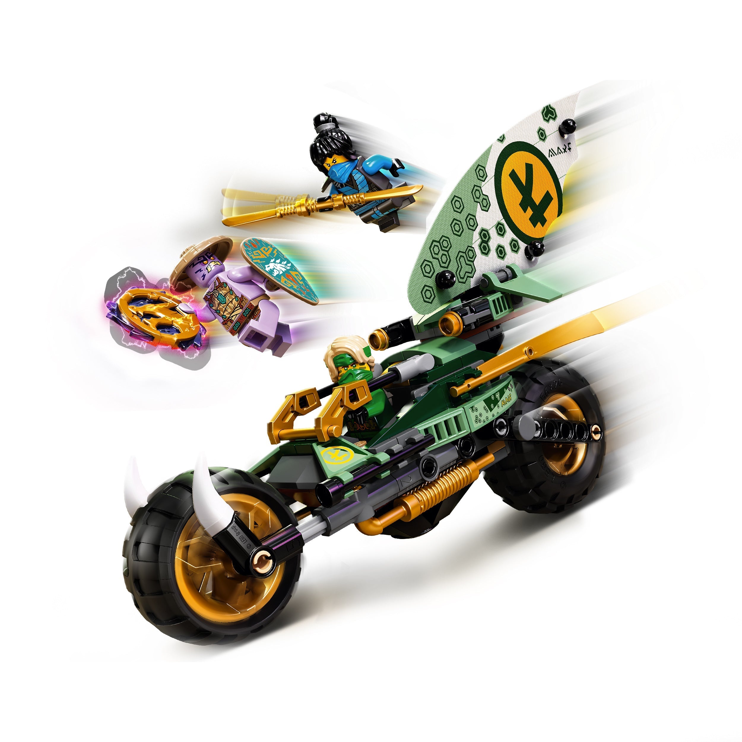 LEGO® NINJAGO Lloyd's Jungle Chopper Bike 71745 with ninja figures and surfboard, perfect for imaginative play.