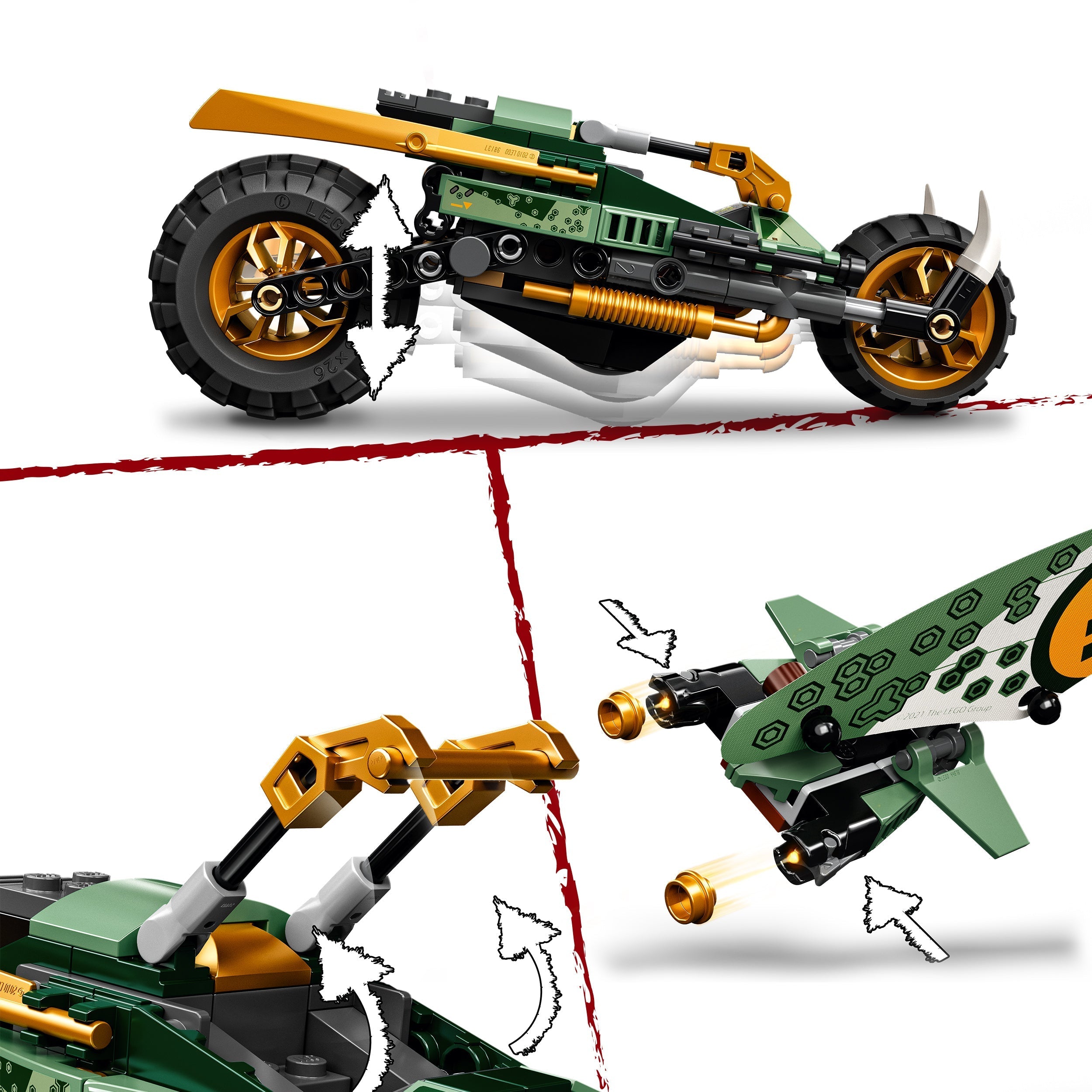 Image of LEGO® NINJAGO Lloyd’s Jungle Chopper Bike showing side, rear, and top views of the 2in1 ninja vehicle.