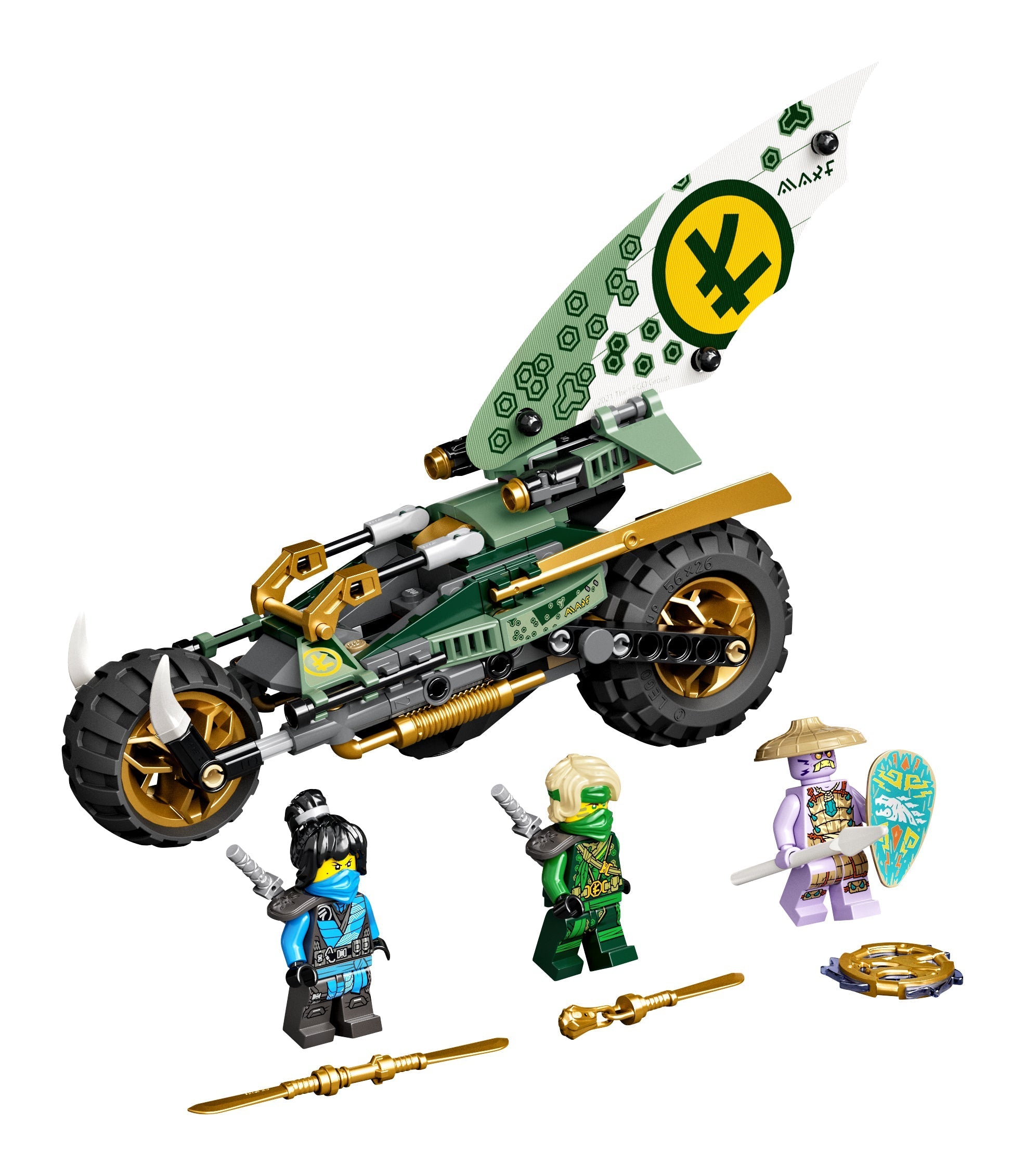 LEGO NINJAGO Lloyd's Jungle Chopper Bike set 71745 with ninja figures and surfboard toy, perfect for adventure play.