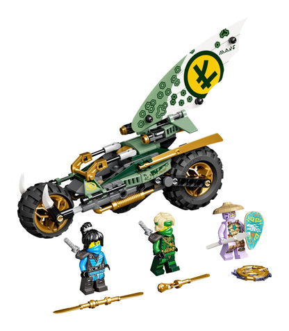 LEGO NINJAGO Lloyd's Jungle Chopper Bike set 71745 with ninja figures and surfboard toy, perfect for adventure play.