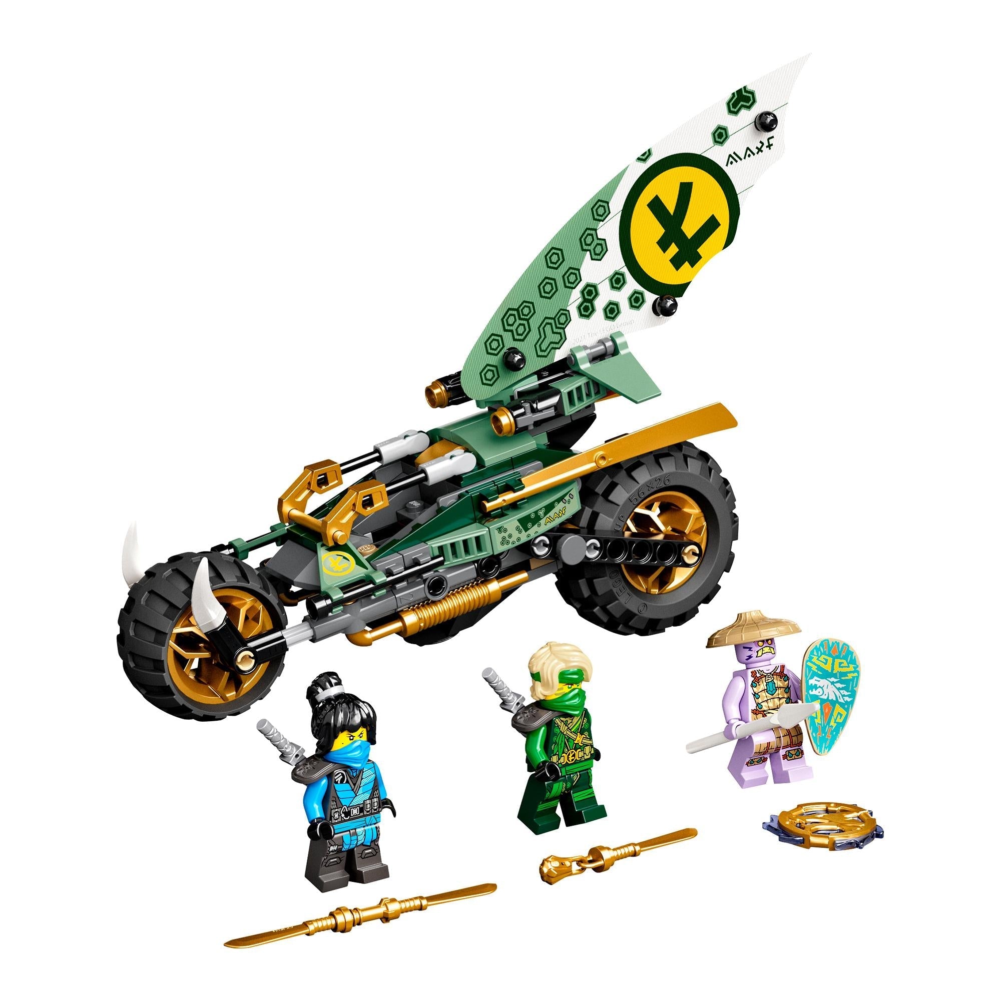 LEGO NINJAGO Lloyd's Jungle Chopper Bike 71745 with minifigures, surfboard, and ninja weapon accessories.
