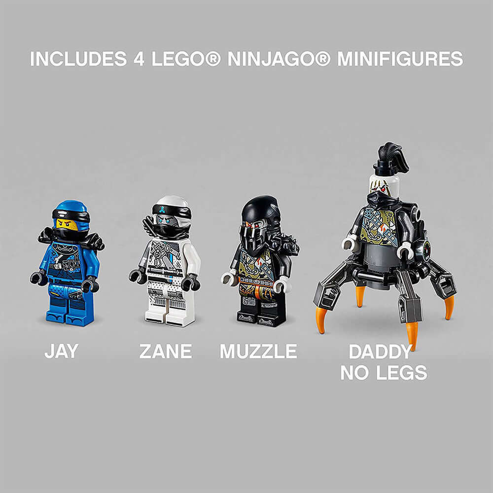 LEGO® NINJAGO® Minifigures: Jay, Zane, Muzzle, and Daddy No Legs - part of the Stormbringer 70652 set.