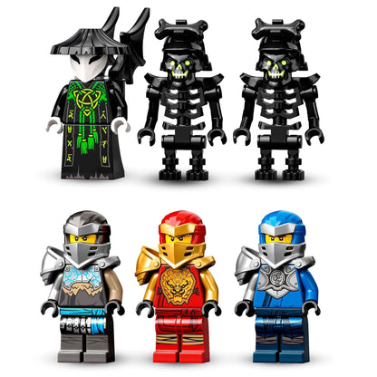 LEGO NINJAGO figurines including Hero Kai, Hero Jay, Hero Nya, and Skull Sorcerer with dragon minifigures.