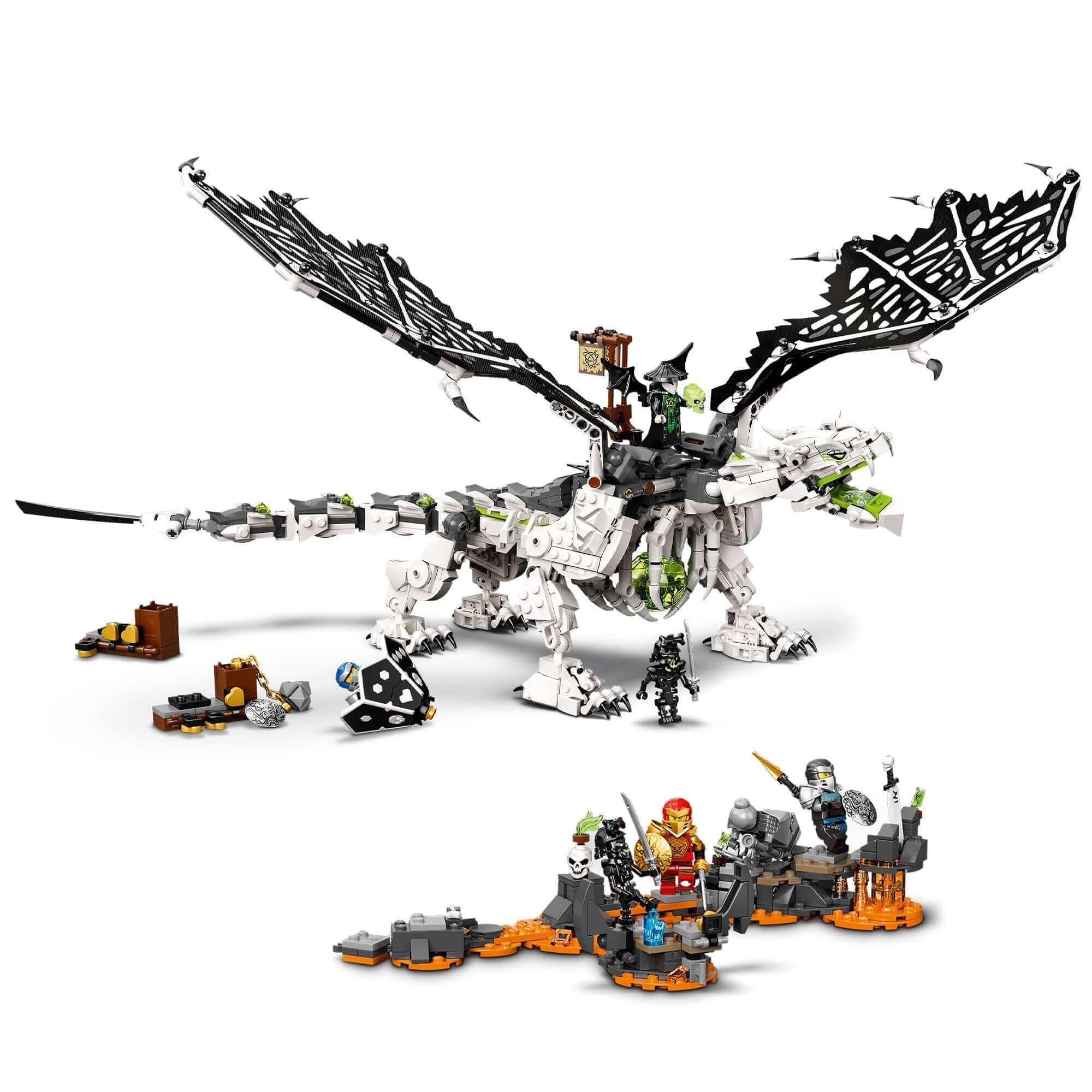 LEGO NINJAGO Skull Sorcerer's Dragon set with heroes and dragon in battle scene, ideal for kids' imaginative play.