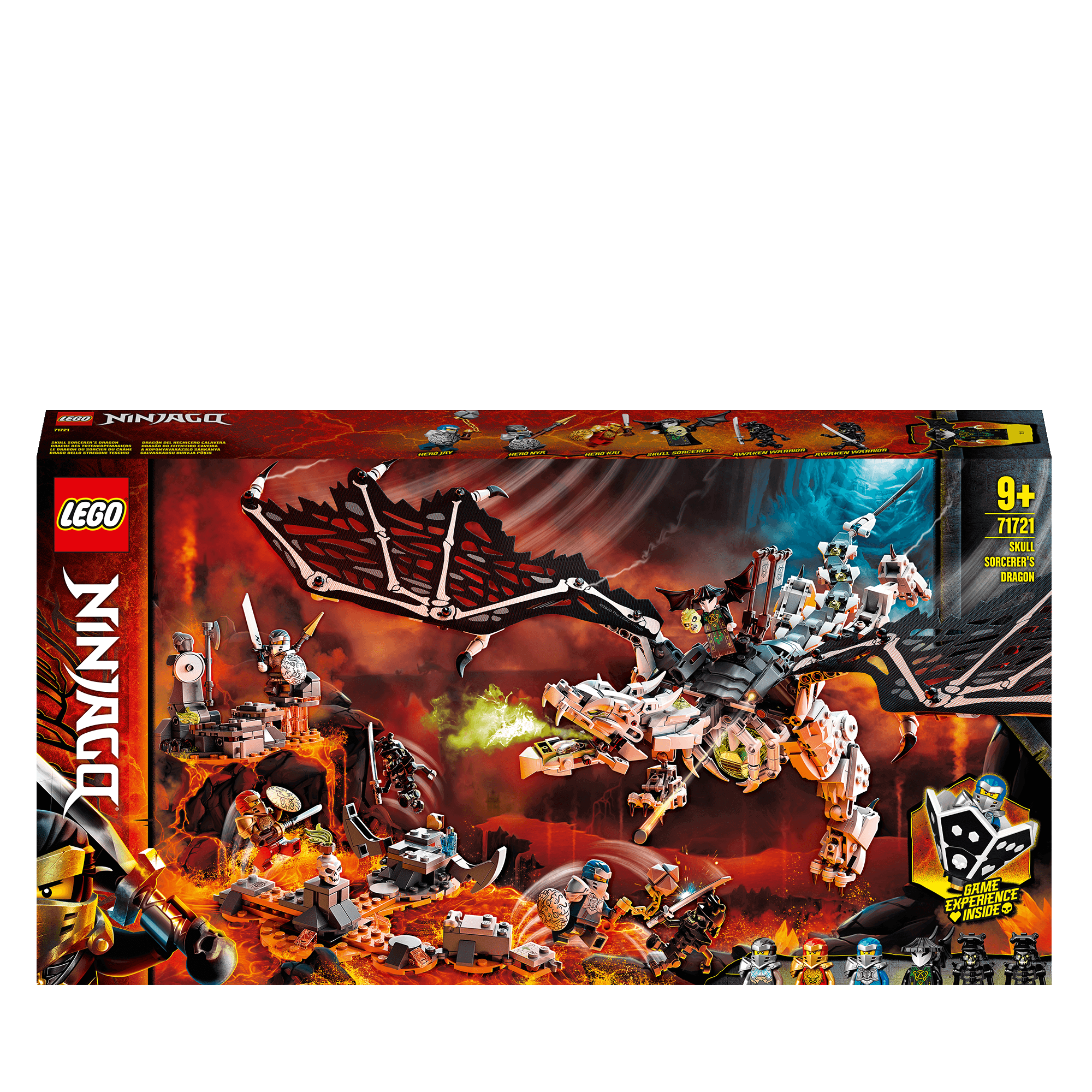 LEGO NINJAGO Skull Sorcerer's Dragon 2in1 Toy 71721 with Kai, Jay, Nya battling the Skull Sorcerer and dragon.