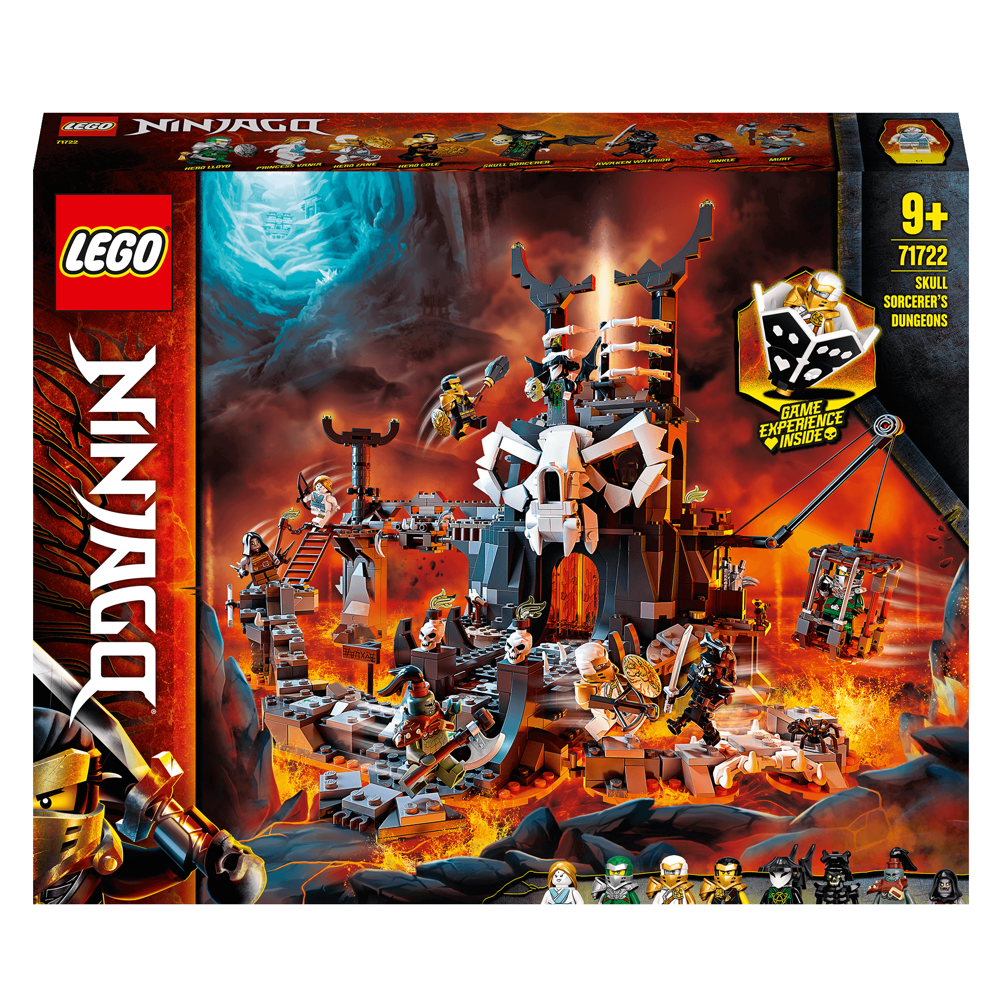 LEGO NINJAGO Skull Sorcerer's Dungeons 71722 set featuring detailed dungeons and eight exciting minifigures for battles.