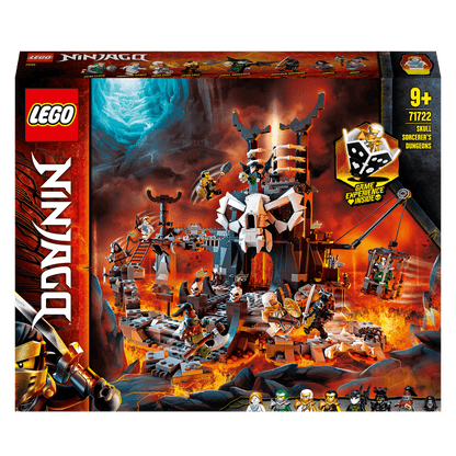 LEGO NINJAGO Skull Sorcerer's Dungeons 71722 set featuring detailed dungeons and eight exciting minifigures for battles.
