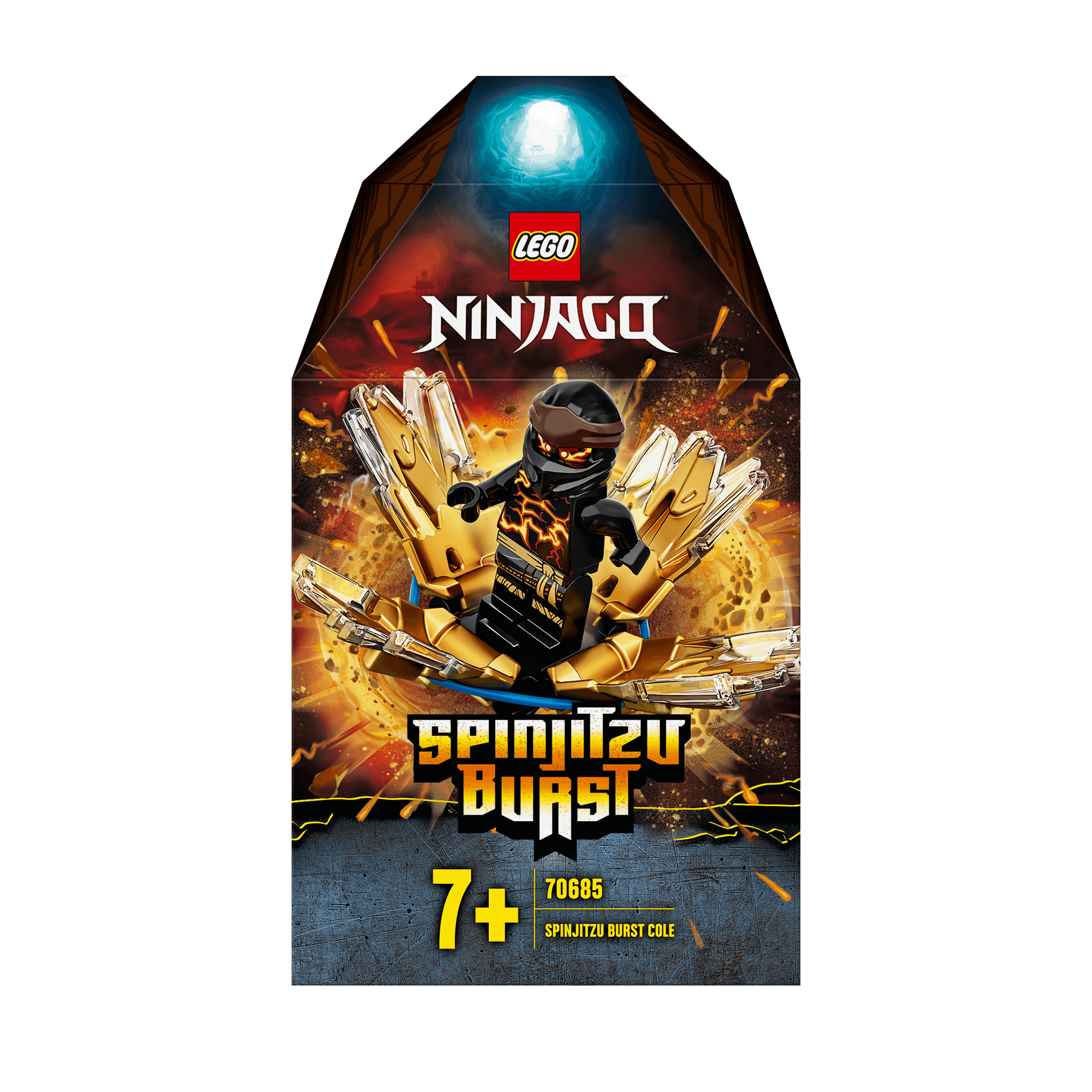 LEGO® NINJAGO Spinjitzu Burst Cole Spinner Toy 70685 packaging featuring Cole character and vibrant graphics.