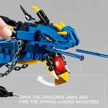 Close-up of LEGO® NINJAGO™ Stormbringer showing the dragon's jaws and spring-loaded shooters in action.