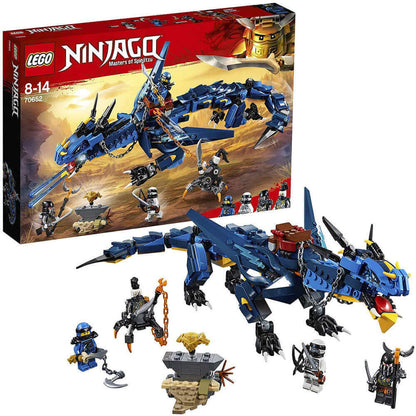 LEGO NINJAGO Stormbringer 70652 set featuring Lightning Dragon, four Minifigures, and the box packaging.