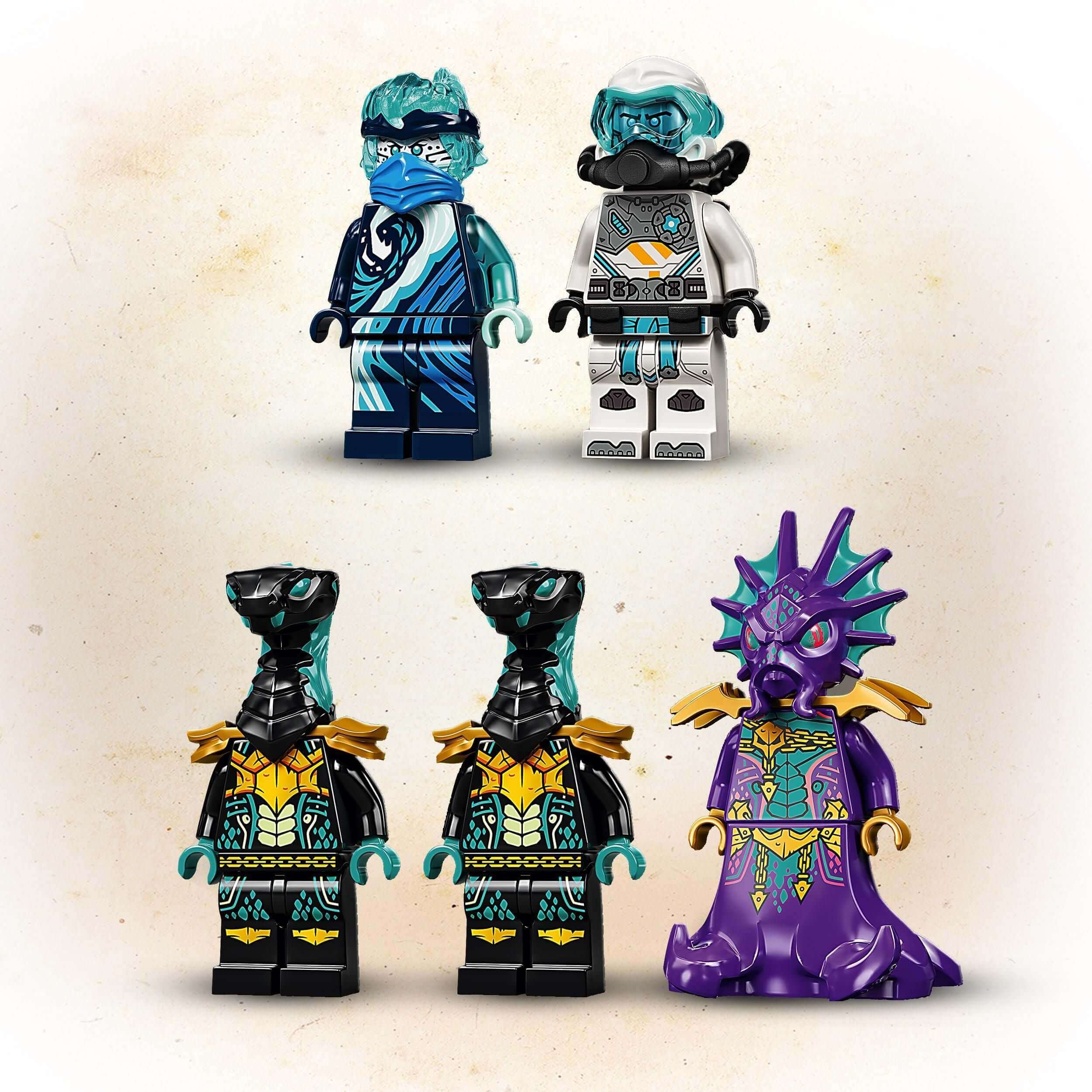 LEGO NINJAGO Seabound minifigures showcasing detailed designs and vibrant colors, perfect for underwater adventures.