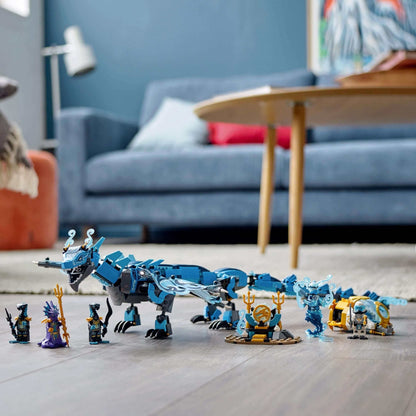 LEGO NINJAGO Water Dragon toy set 71754 with minifigures on the floor in a modern living room setting.