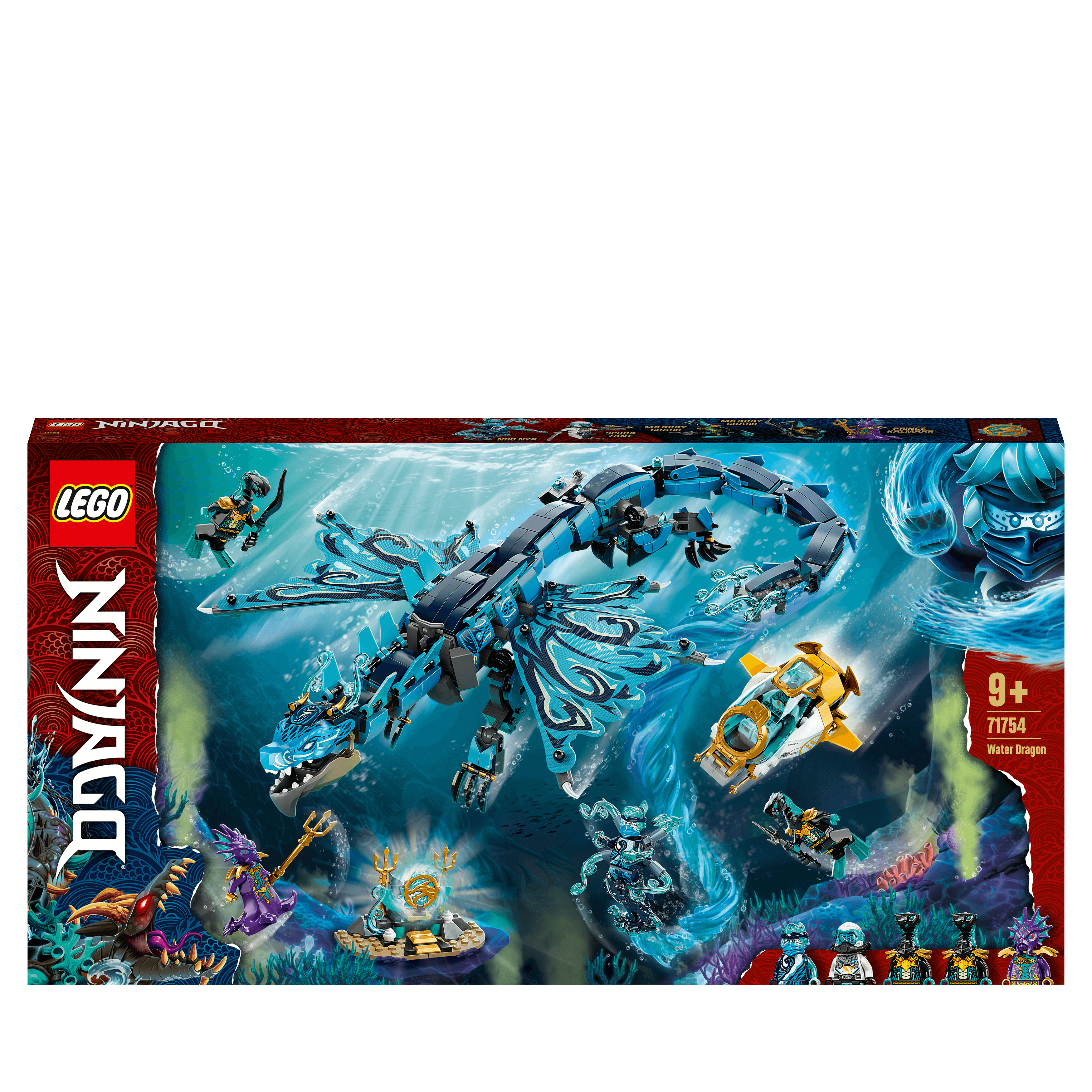 LEGO NINJAGO Water Dragon Toy Building Set 71754 featuring a dragon, submarine, and five minifigures for underwater adventures.
