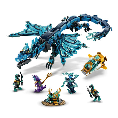 LEGO NINJAGO Water Dragon toy set 71754 with underwater dragon, submarine, and 5 minifigures for adventurous play.