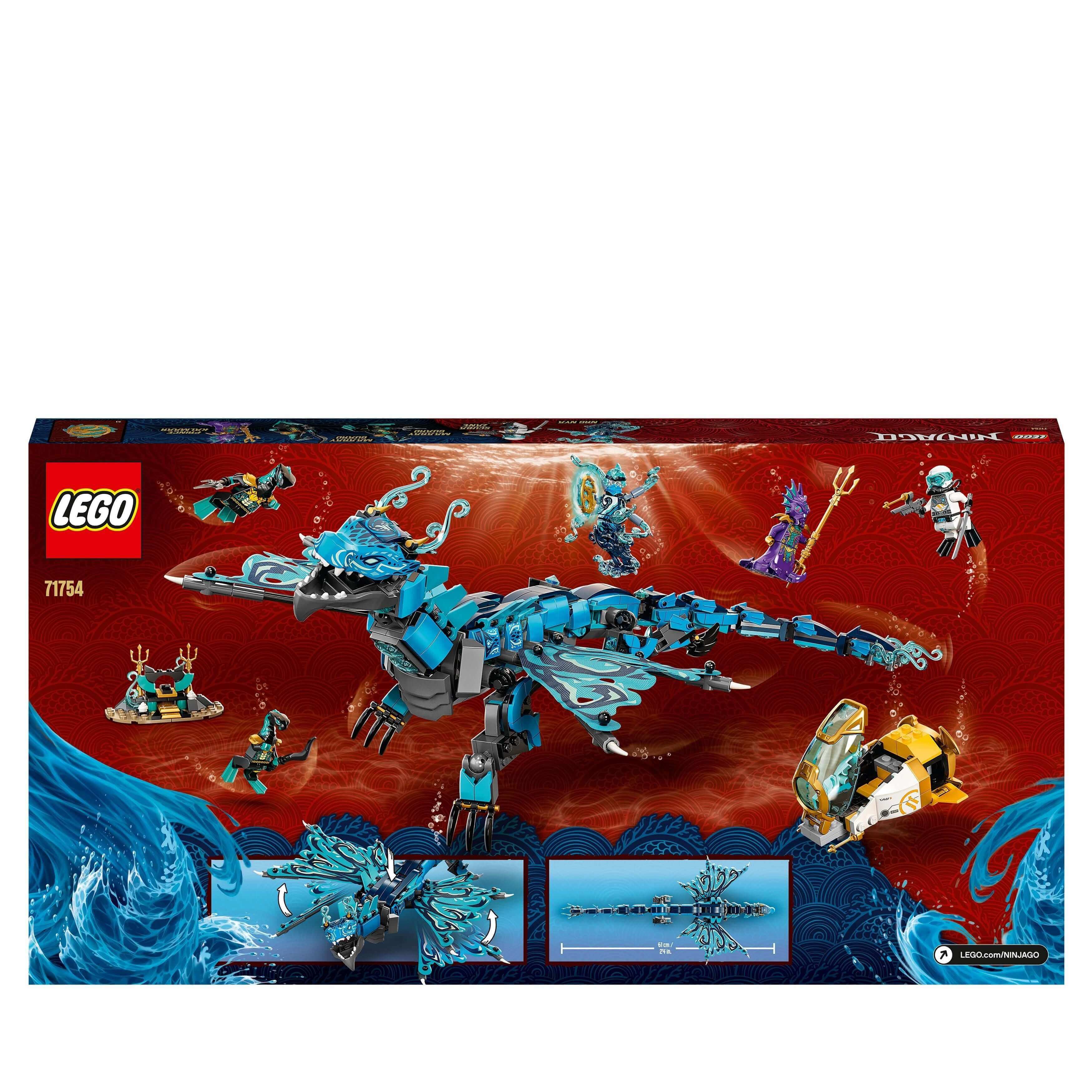 LEGO NINJAGO Water Dragon Toy Building Set 71754 showcasing a posable dragon, submarine, and 5 minifigures for kids.