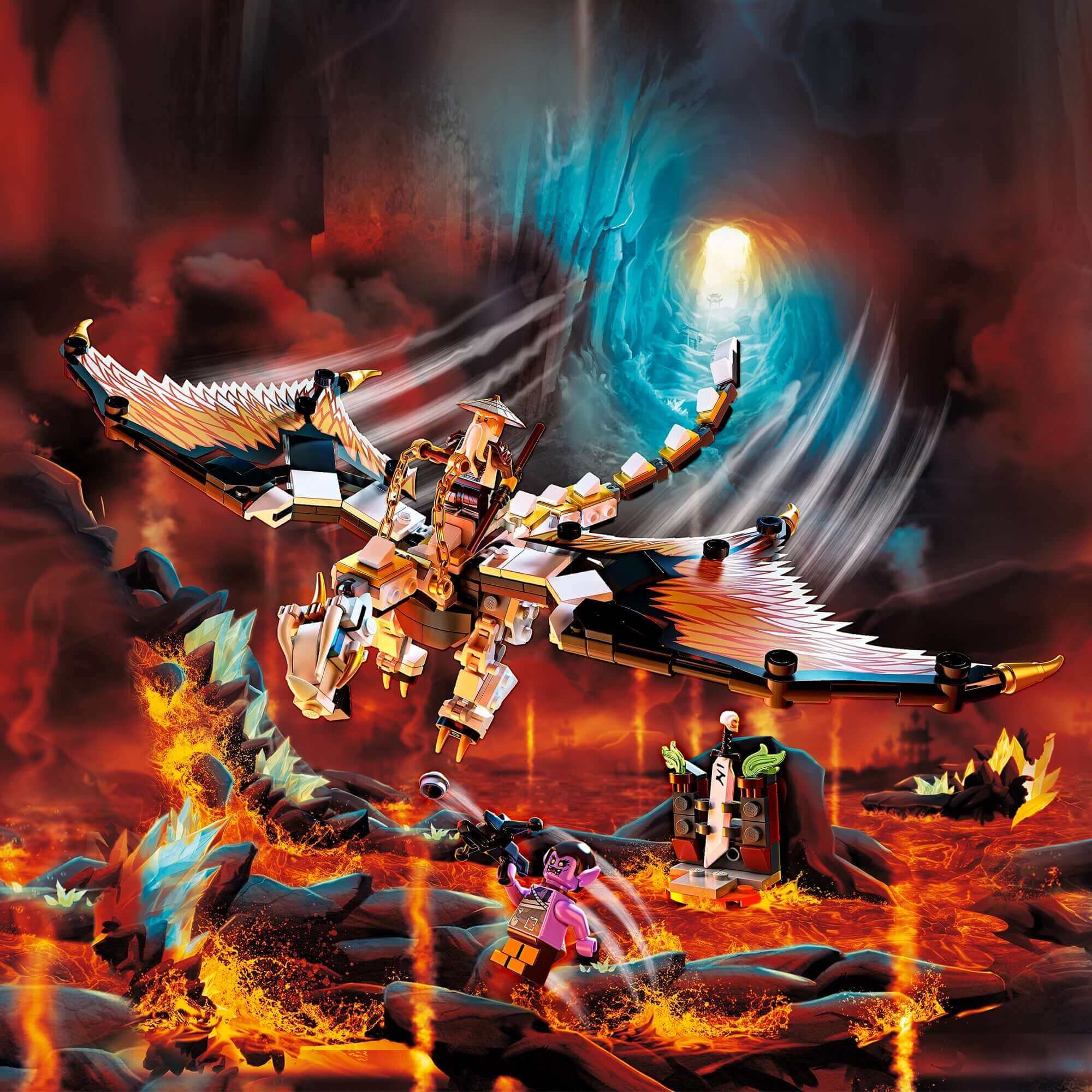 LEGO NINJAGO Wu's Battle Dragon toy in action battling Gleck amidst a fiery dungeon scene.