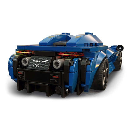 LEGO® Speed Champions McLaren Elva Race Car Toy 76902 from the rear showing detailed design and vibrant blue color.