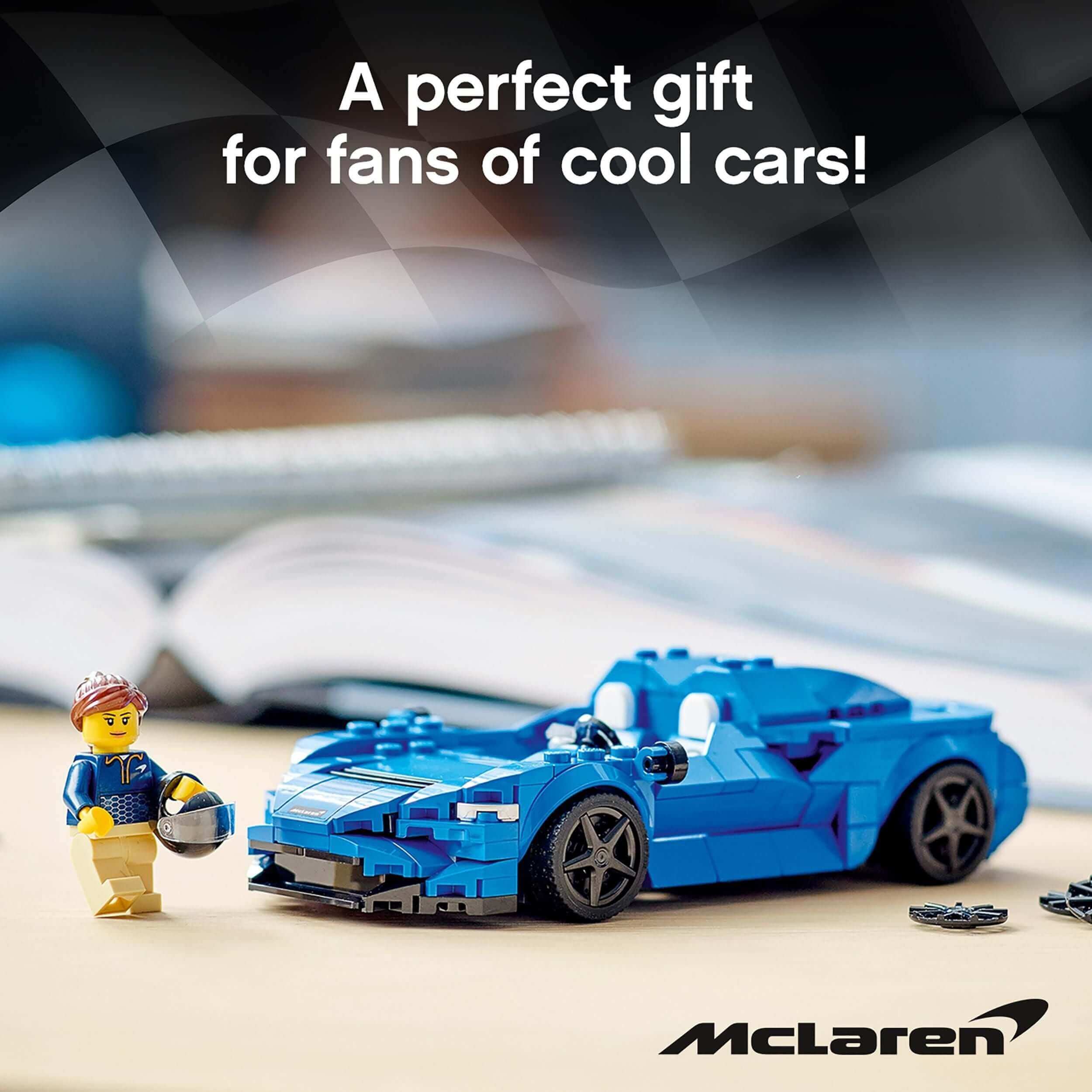 LEGO® Speed Champions McLaren Elva race car toy, ideal gift for car enthusiasts, featuring a playful scene with a LEGO® minifigure.