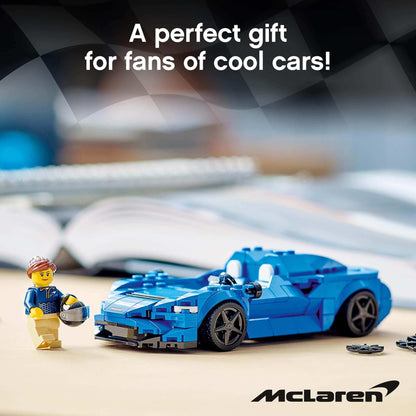 LEGO® Speed Champions McLaren Elva race car toy, ideal gift for car enthusiasts, featuring a playful scene with a LEGO® minifigure.