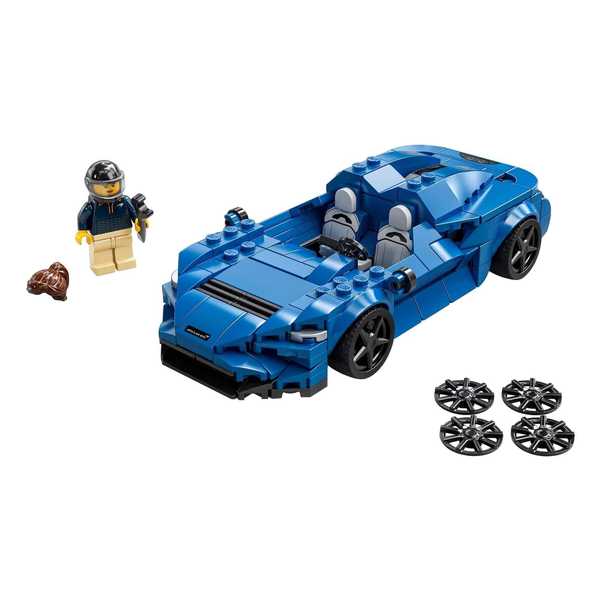 LEGO® Speed Champions McLaren Elva race car toy 76902 with minifigure and accessories for play and display.