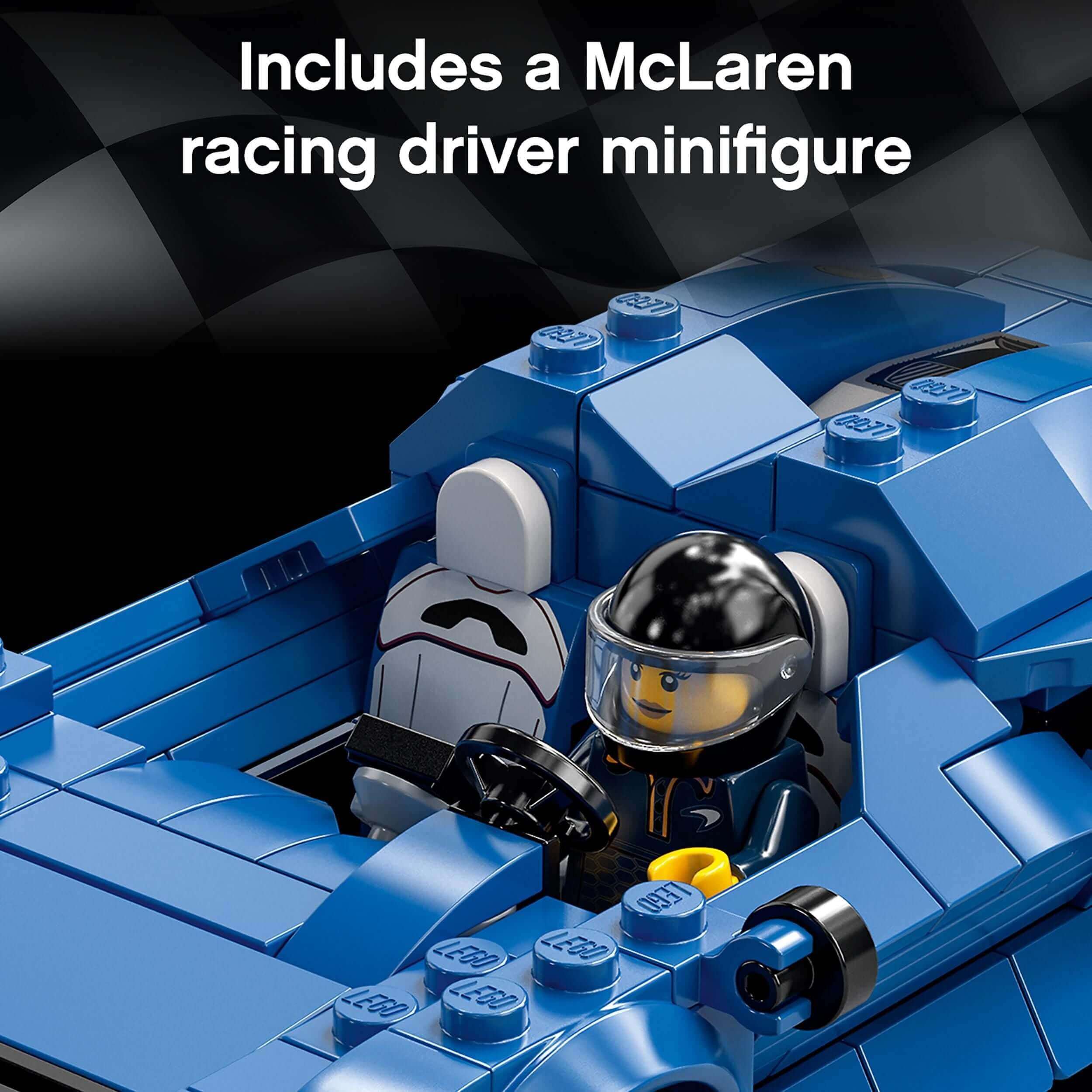 LEGO® Speed Champions McLaren Elva 76902 with racing driver minifigure in the cockpit of the blue race car model.