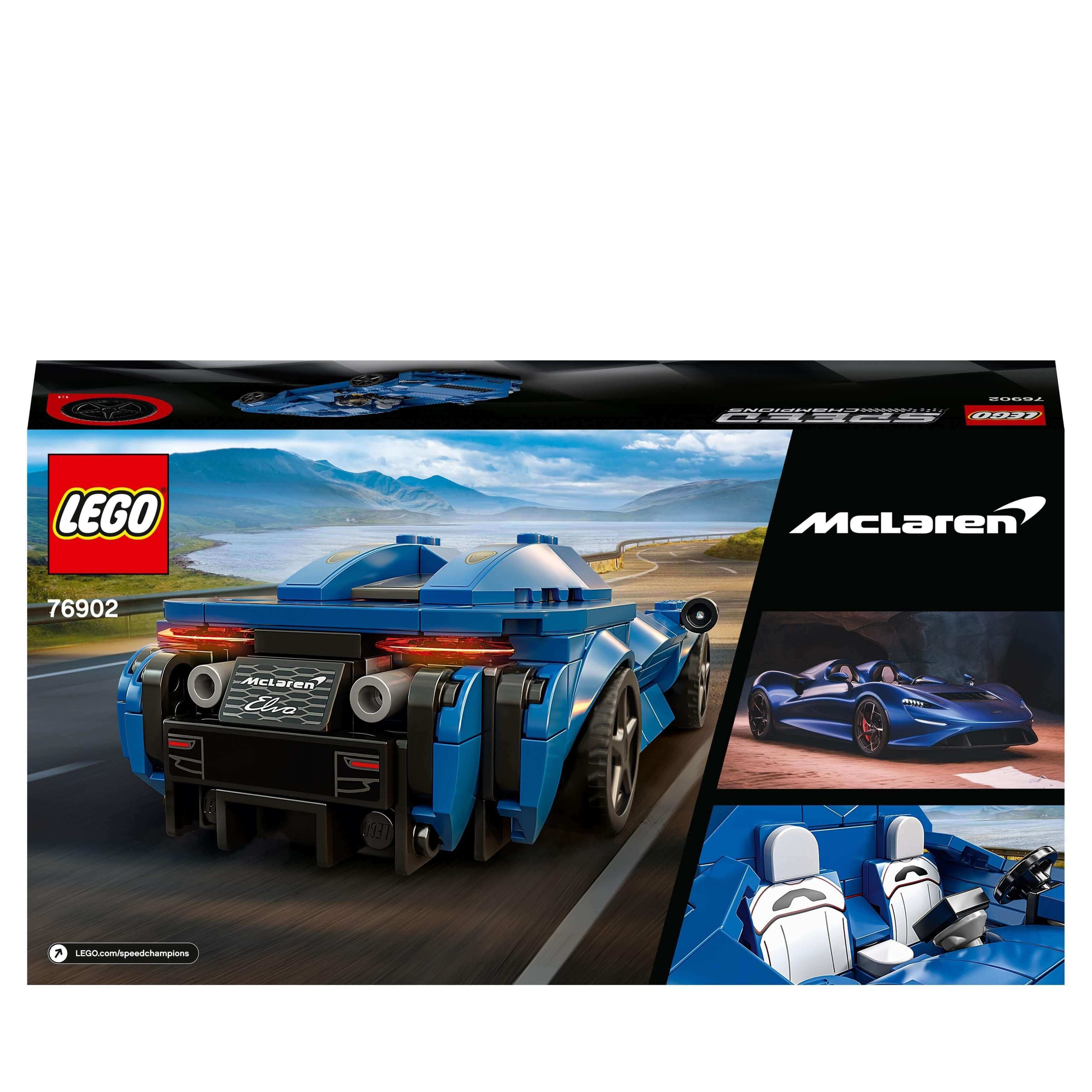 LEGO® Speed Champions McLaren Elva Race Car Toy 76902 packaging featuring a blue speedster design.