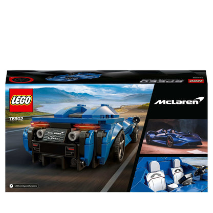 LEGO® Speed Champions McLaren Elva Race Car Toy 76902 packaging featuring a blue speedster design.