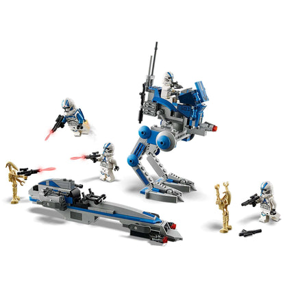 LEGO Star Wars 501st Legion Clone Troopers set with AR-RT Walker, BARC Speeder, and minifigures in action.