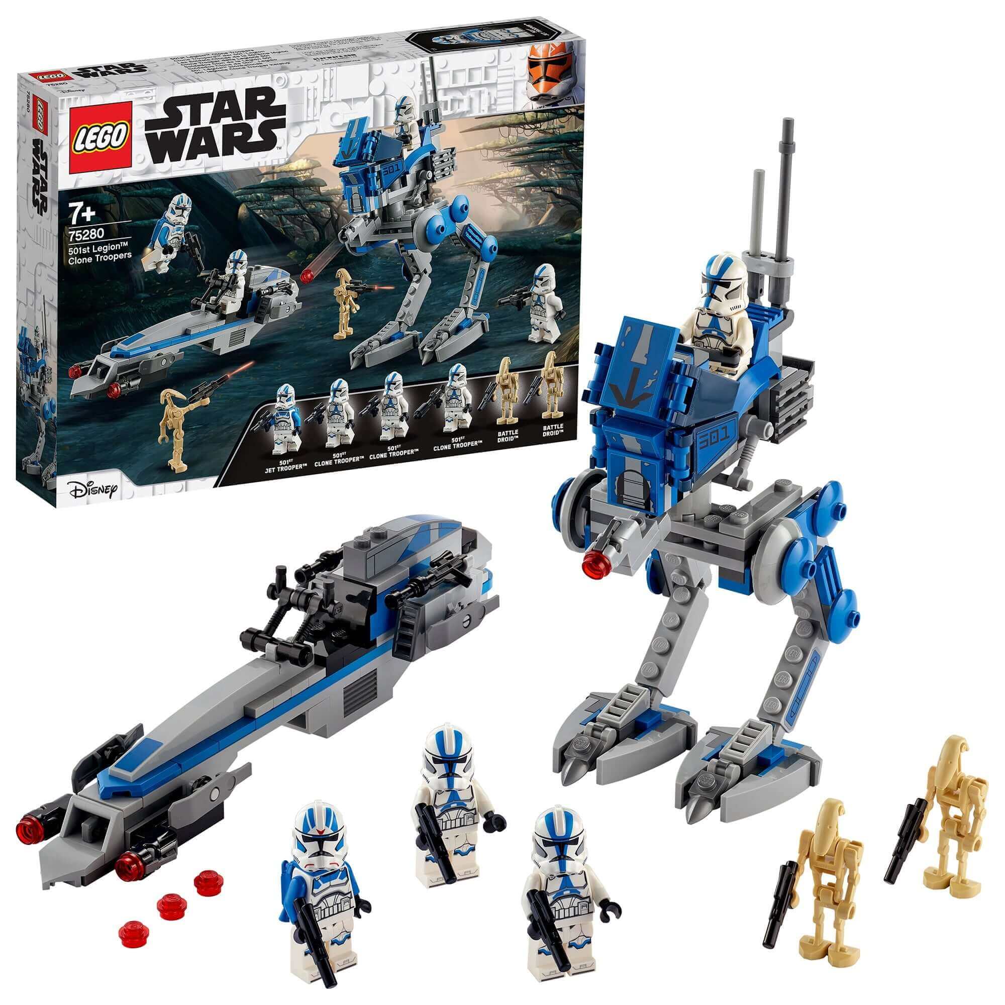LEGO Star Wars 501st Legion Clone Troopers 75280 set with AR-RT Walker, BARC Speeder, and minifigures.