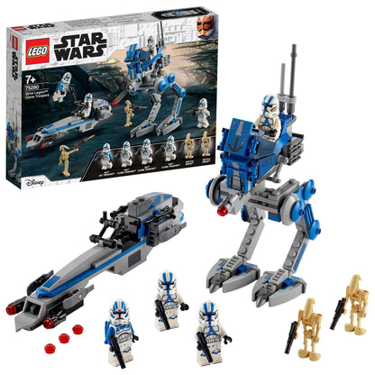 LEGO Star Wars 501st Legion Clone Troopers 75280 set with AR-RT Walker, BARC Speeder, and minifigures.