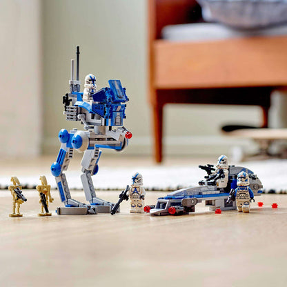 LEGO® Star Wars 501st Legion Clone Troopers set featuring AR-RT Walker, BARC Speeder, and minifigures on the floor.