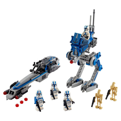 LEGO® Star Wars 501st Legion Clone Troopers set with AR-RT Walker, BARC Speeder, and minifigures and Battle Droids.
