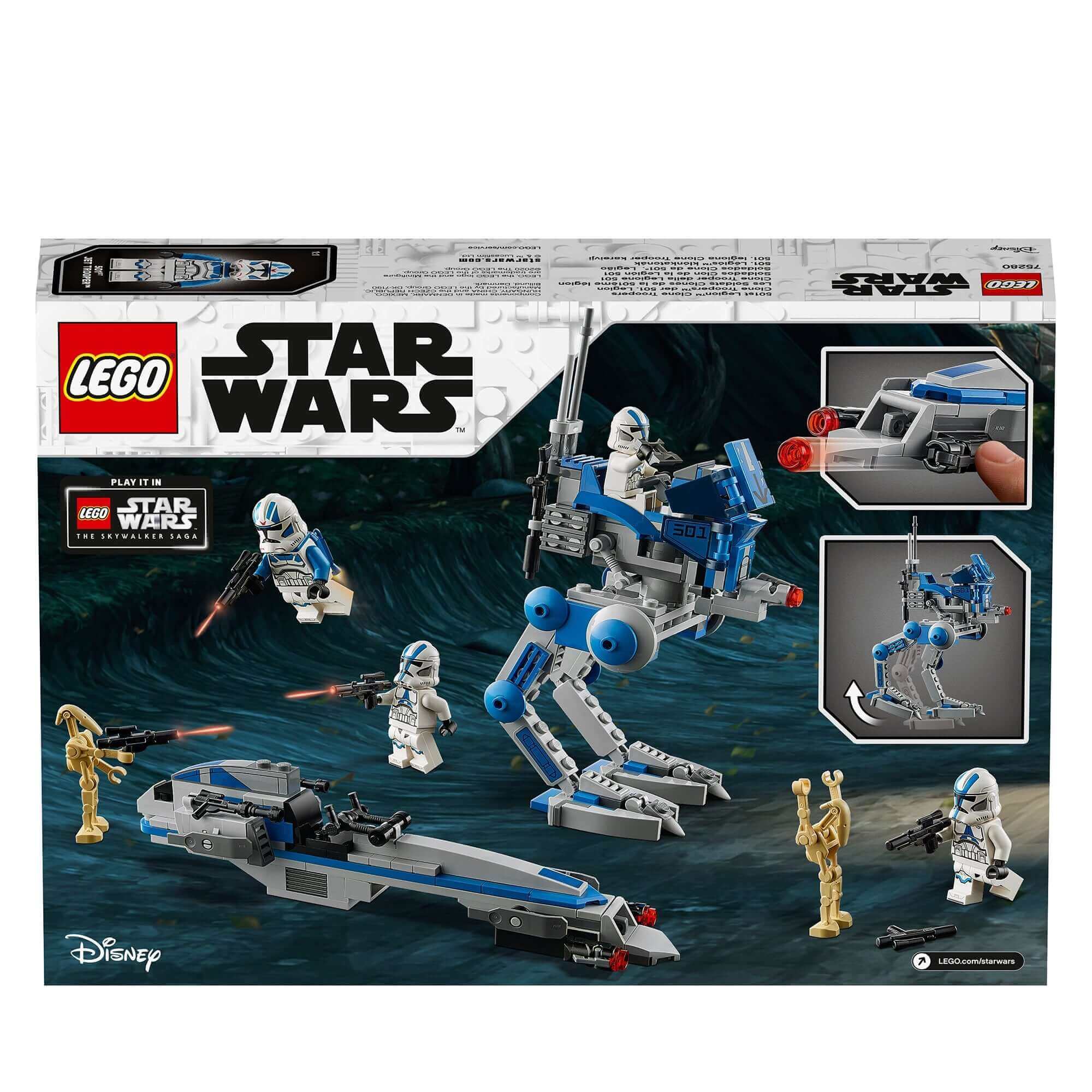 LEGO Star Wars 501st Legion Clone Troopers set with AR-RT Walker, BARC Speeder, minifigures, and Battle Droids.