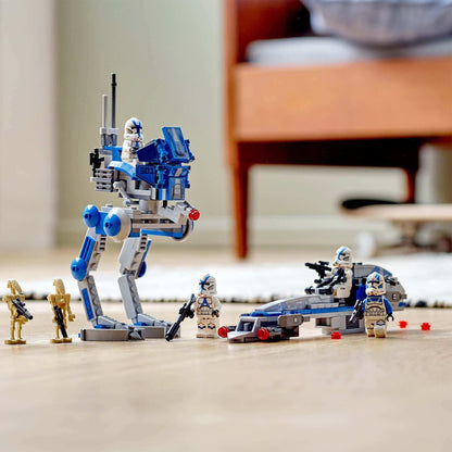 LEGO Star Wars 501st Legion Clone Troopers set featuring AR-RT Walker, BARC Speeder, and minifigures in action.
