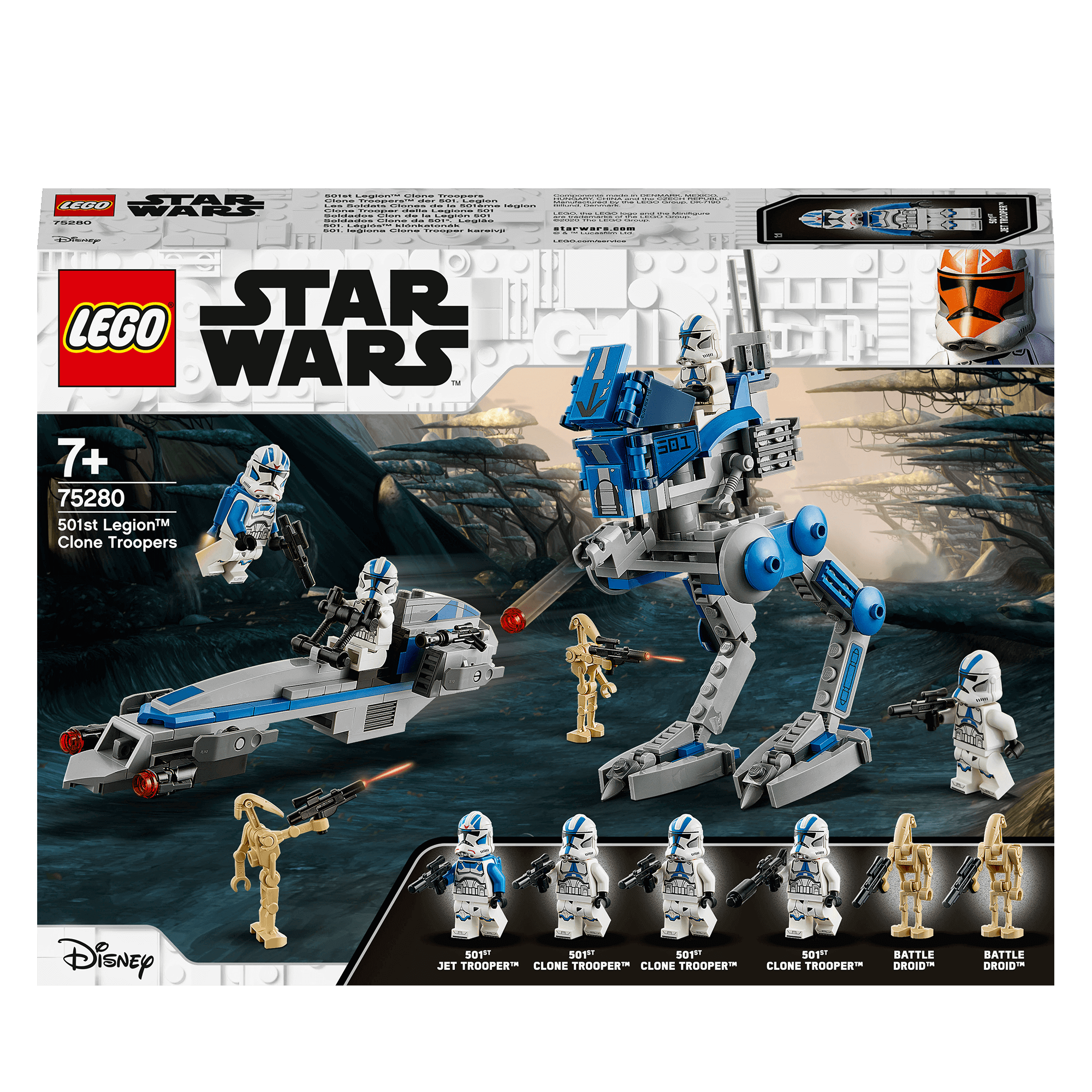 LEGO Star Wars 501st Legion Clone Troopers 75280 set with AR-RT Walker, BARC Speeder, and minifigures for epic battles.