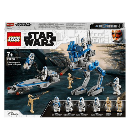 LEGO Star Wars 501st Legion Clone Troopers 75280 set with AR-RT Walker, BARC Speeder, and minifigures for epic battles.