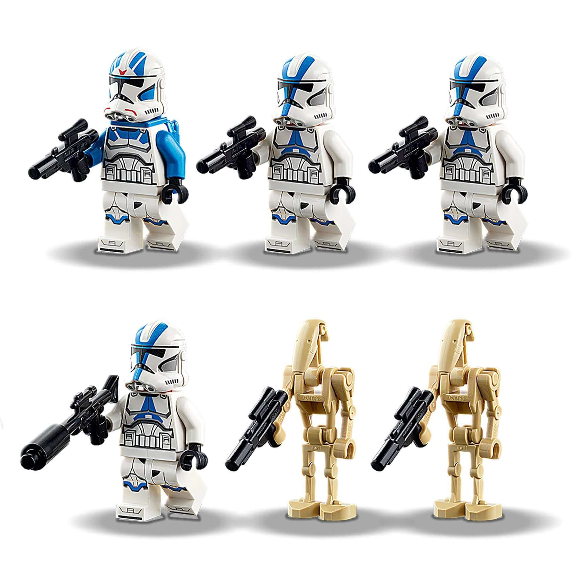 LEGO Star Wars 501st Legion Clone Troopers minifigures with blasters and Battle Droids in action poses.