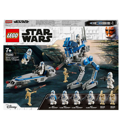 LEGO Star Wars 501st Legion Clone Troopers 75280 set with AR-RT Walker, BARC Speeder, and minifigures for action-packed play.