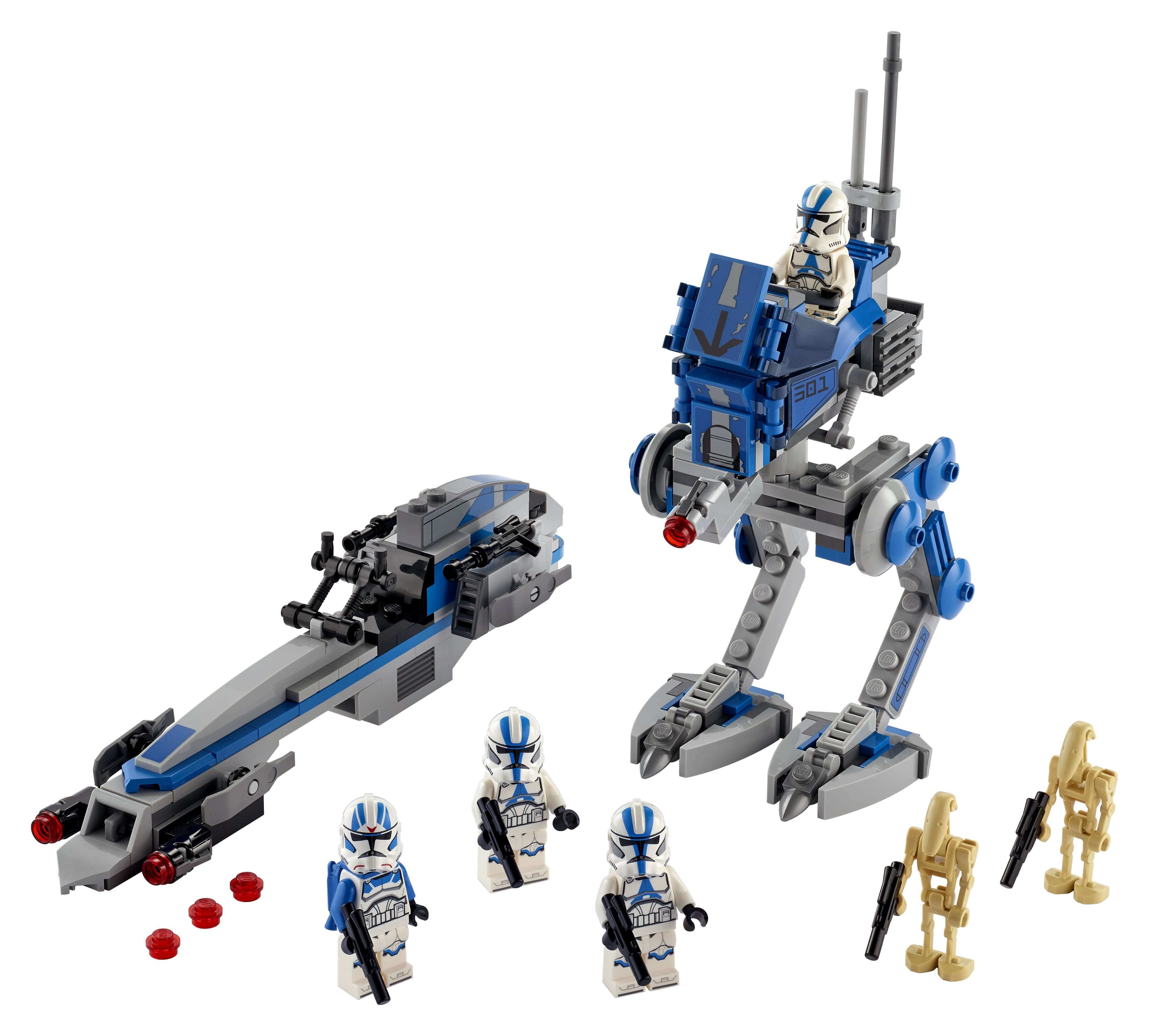 LEGO® Star Wars 501st Legion Clone Troopers set with AR-RT Walker, BARC Speeder, and Clone Trooper minifigures.